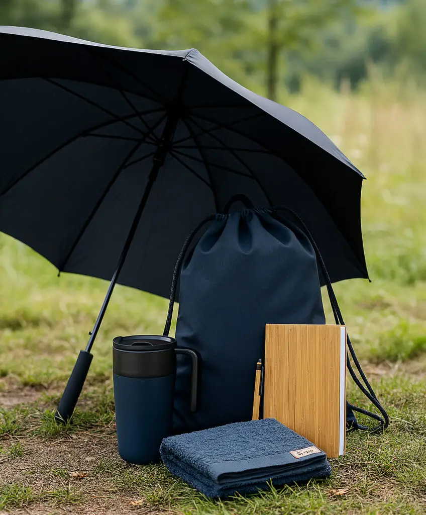 Nachhaltige Werbeartikel – Regenschirm, Turnbeutel, Thermobecher, Notizbuch und Handtuch im Outdoor-Setting.