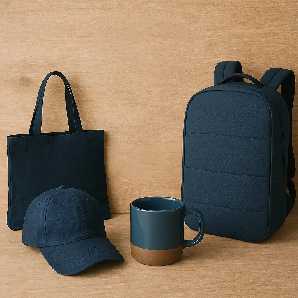 Nachhaltige Werbeartikel – Rucksack, Tragetasche, Cap und Becher aus Stoff und Keramik.