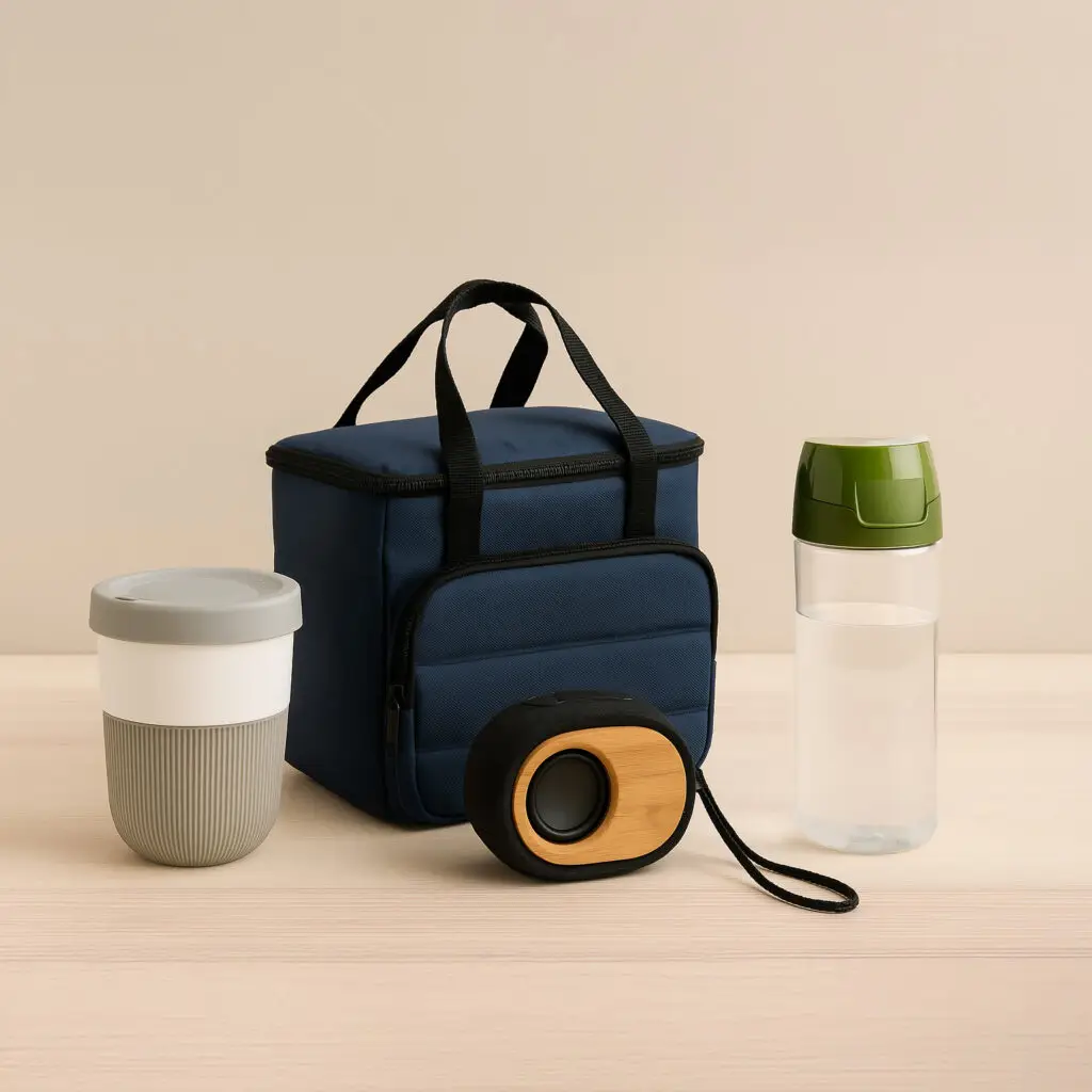 Nachhaltige Werbeartikel – Kühltasche, Mehrwegbecher, Trinkflasche und Bluetooth-Lautsprecher mit Holzdetail.
